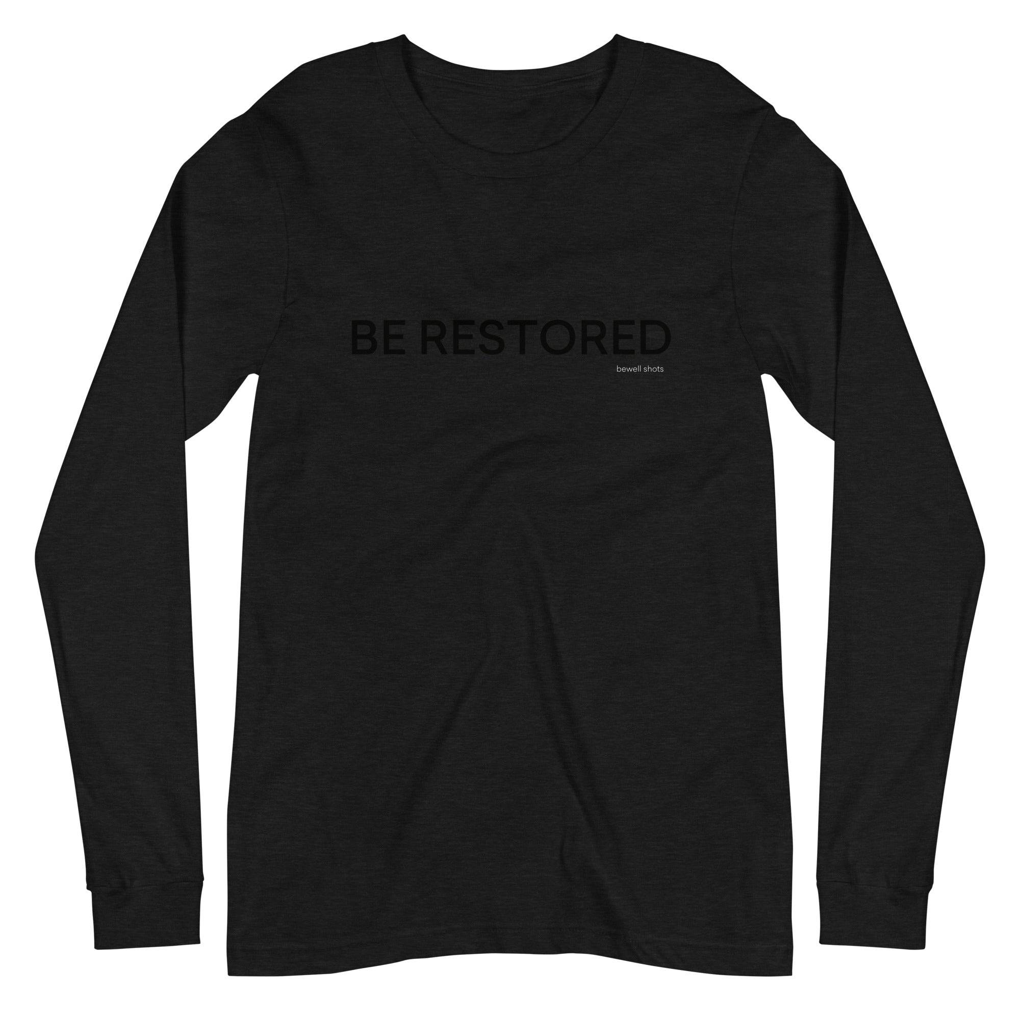 Bewell wellness shots unisex long sleeve tee black heather front 65