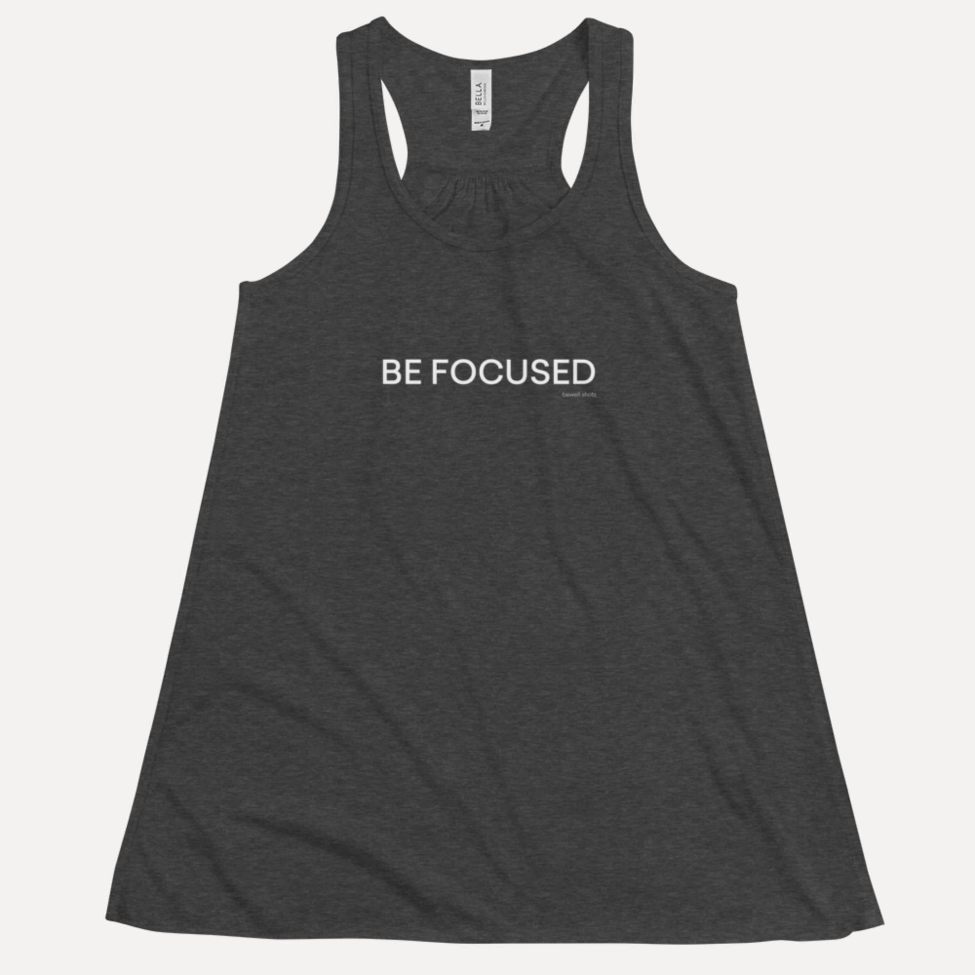 Bewell wellness shots womens flowy racerback tank dark grey heather front 10