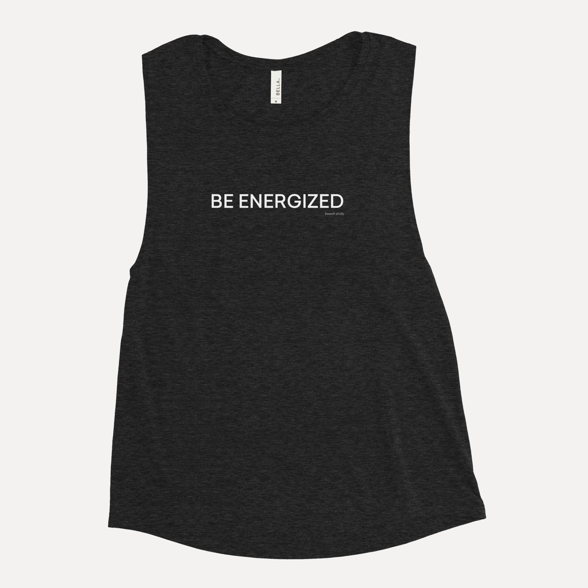 Bewell wellness shotswomens muscle tank black heather front 01